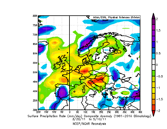 Die Abweichung des Niederschlags zwischen dem 20. März und 10. Mai 2011 gegenüber dem langjährigen Mittel. Während Mitteleuropa sehr trocken da steht, ist es vor allem im Raum Südtürkei / Naher Osten sehr nass