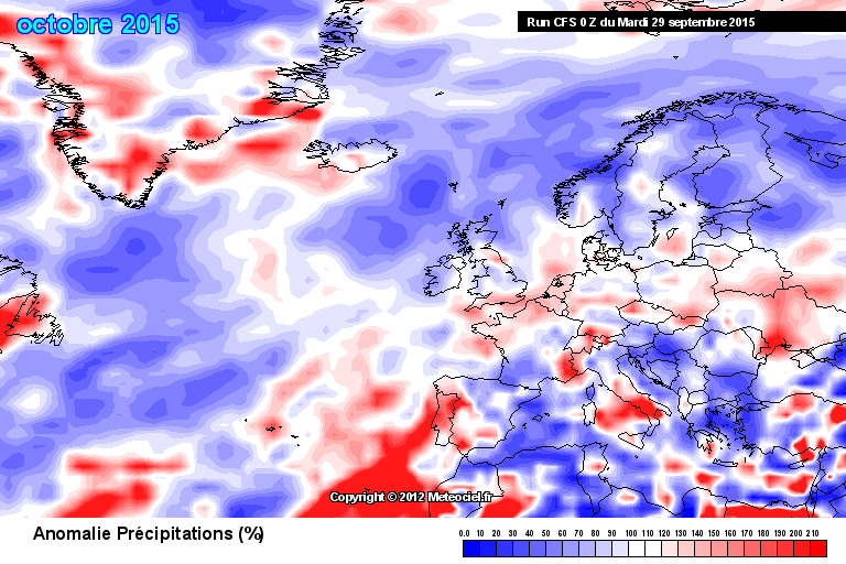 Prognostizierte Abweichung der Monats-Niederschlagssumme vom Klimamittel 1981-2010 (rot = nasser, blau = trockener als normal)