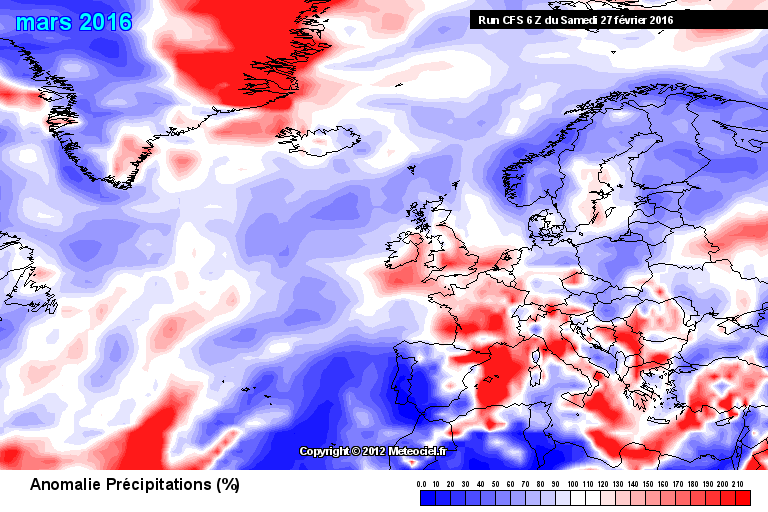 Prognostizierte Abweichung des Monatsniederschlags gegenüber der Klimanorm 1981-2010 (rot = nasser, blau = trockener als normal)