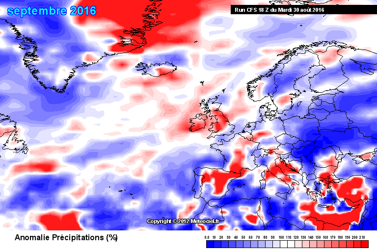Prognostizierte Abweichung des Monatsniederschlags gegenüber der Klimanorm 1981-2010 (rot = nasser, blau = trockener als normal)